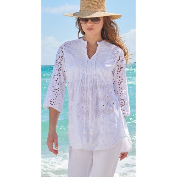 Cino Vintage Maui Tunic Size XS White Sequin Eyelet Cover Up - Picture 7 of 13
